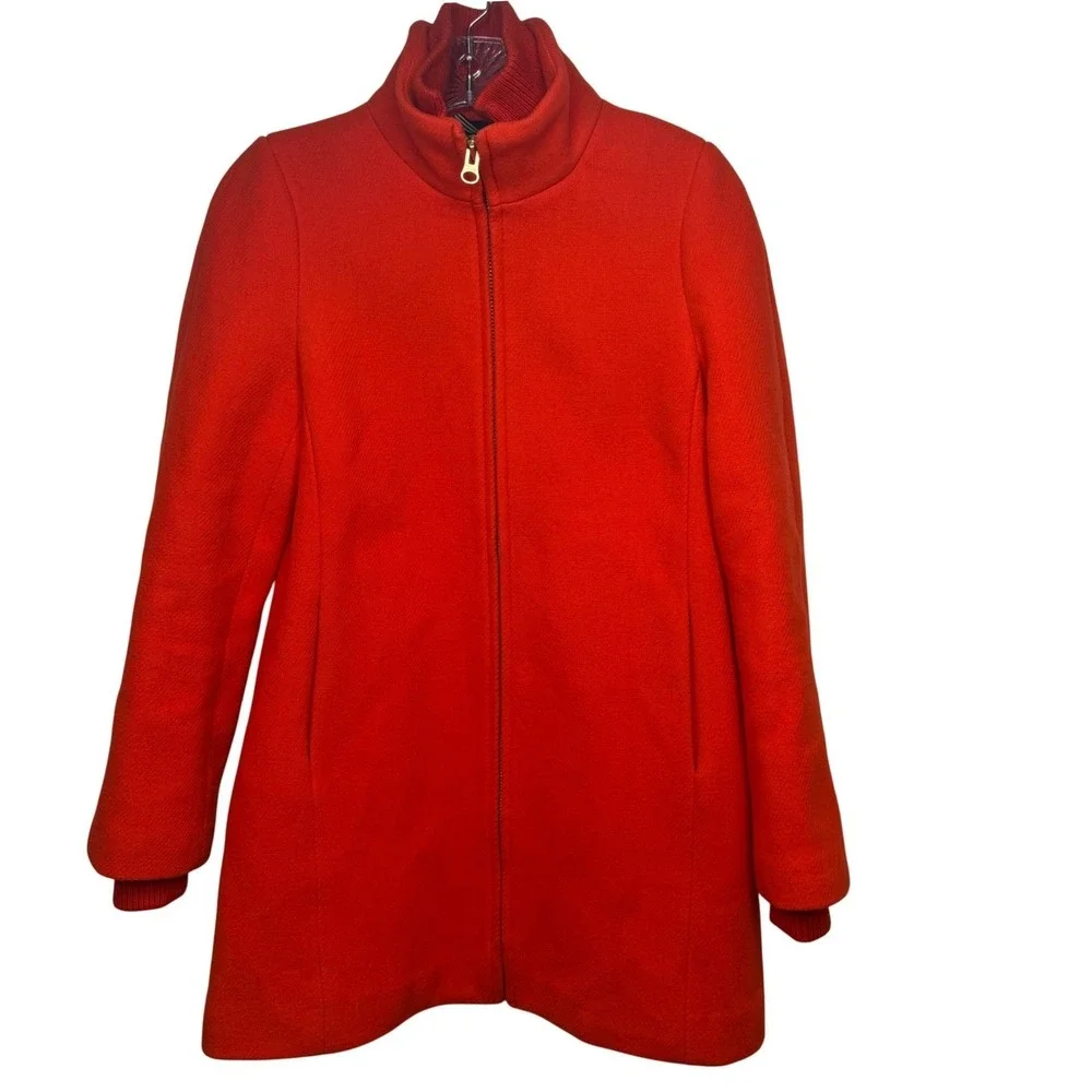 J.CREW Italian Wool Blend Zip Coat Fire Orange Ribbed Collar Heritage Womens 2‎